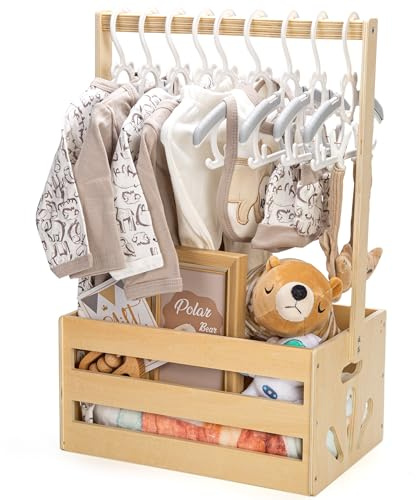 GiftAmaz Baby Aufbewahrungskiste mit Kleiderstange aus Holz - Geschenkkorb für Babyparty, Baby Deko & Wickelorganizer mit Griff - Geschenke für Jungen & Mädchen