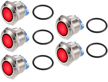 X AUTOHAUX 5 Pcs LED Indicator Light 19mm 12V AC DC Metal Shell Waterproof Pilot Dash Signal Lamp for Car Truck Boat Interior Red