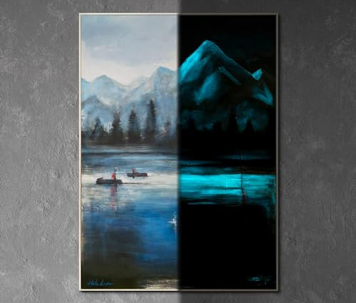 YS-Art XXL Abstrakt Fluoreszierendes selbst leuchtendes Acryl Gemälde Gardasee auf Leinwand handgemalt Wohndekor modern Naturlandschaft echte Kunst 120x80 cm
