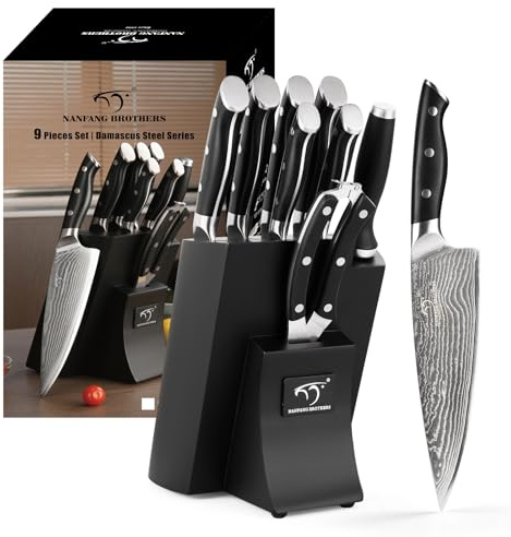 NANFANG BROTHERS Set de Couteaux Damas avec Bloc en Bois Set de Couteaux de Chef Style Japonais Noir