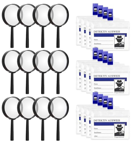 RYAN 12 Kit Detective Lente Ingrandimento Bambini con Custodia per Carte Detective Biglietto da Visita e Clip Compleanno della Festa del Detective per Giochi di Ruolo da Detective per Bambini