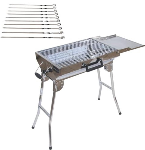 Mangal Aladin, antiruggine con gambe pieghevoli + 20 spiedini in acciaio inox, barbecue a carbonella, portatile, compatto, per il trasporto di barbecue incluso