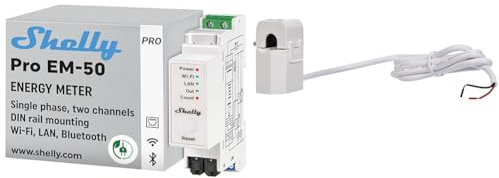 Shelly Pro EM 50A | Compteur électrique monophasé par impulsion | 2 canaux | LAN, Wi-Fi & Bluetooth & Split Core Current Transformer 50A | Pince ampèremétrique | Domotique