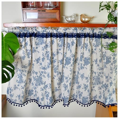 Blauer Blumen-Kurzvorhang für Küchenfenster, Bauernhaus-Baumwoll-Leinen-Vorhang-Volant, Französischer Landhaus Stil, Vintage-Bistrogardine mit Pompons (Size : W140xH40cm/55x16in)