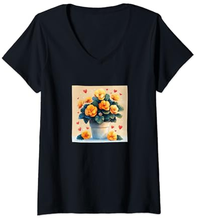 Womens Begonia Plant In Pot Cottagecore Boho Hearts Graphic V-Neck T-Shirt
