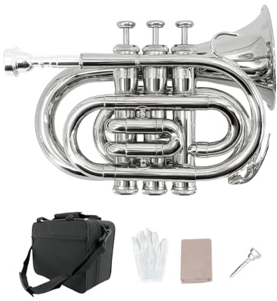 WUQIMUSC Trompeta de bolsillo de latón chapado en níquel con boquilla 7C, kit de limpieza, funda de transporte, guantes para principiantes/estudiantes (plata)