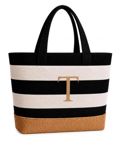 TAHAVICE Personalisierte Tasche, Strandtasche Damen mit Reißverschluss, Initiale Tote Bag Damen Groß, Personalisierte Geschenke Frauen für Freundin Brautjungfer Frau Kollegin