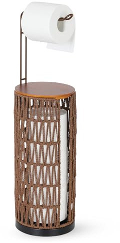 Rayofly Freistehender Toilettenpapierhalter Aufbewahrung mit Regal, Boho Rattan Klopapier Aufbewahrung, Badezimmer Toilettenpapierhalter Stehend, Braune Toilettenpapierständer für 4 Rollen Klopapier