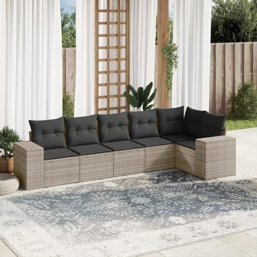 Homgoday 6-TLG. Garten-Sofagarnitur mit Kissen Gartensofa Balkonmöbel Gartenlounge Gartenmöbel Ecksofa Lounge Balkonsofa Balkonlounge Sitzgruppe Gartenset Hellgrau Poly Rattan