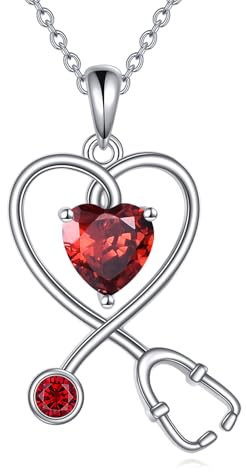 AINFQY Krankenschwester Kette für Damen 925 Sterling Silber Stethoskop Haslkette Herz Geburtsstein Anhänger Schmuck Geschenke