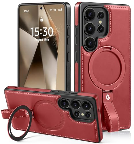Lunivop for Samsung Galaxy s25 Ultra Case PU Leather With Kickstand Red | 【Compatible with Magsafe】Grip Strap Lanyard Leather Ring Holder Kickstand Women Man Magnetic Phone Cases 6.9  2025