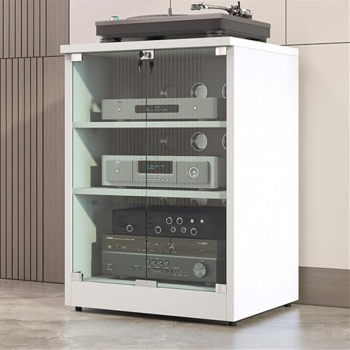 HDMOZUYT Medienständer mit Tür aus gehärtetem Glas, modernes Sound-Rack mit verstellbarem Regal, Stereo-Schrank aus Massivholz für Spielekonsolen und DVD-Player (schwarz, groß) (weiß, groß)
