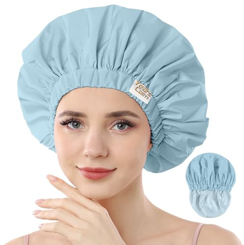 Years calm Wiederverwendbare wasserdichte Duschhauben für Frauen, Haarkappen für Duschen, doppellagiges elastisches Design, für alle Frisuren, reisefreundlich (Himmelblau)