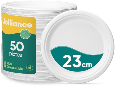 Jollliance 50 Stück Pappteller 23 cm - Stabil & Schnittfest - Kompostierbare Einwegteller aus Zuckerrohr Biologisch Abbaubare Teller Einweg für Party & Grillen Weiß