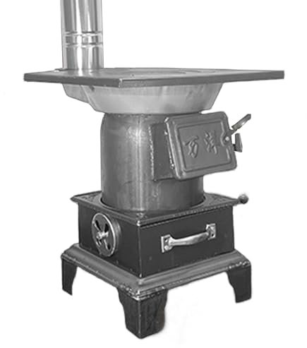 Estufa de leña, estufa de leña para interiores para cocinar y calentar, diseño grueso de acero recto de doble propósito, compatible con leña y carbón
