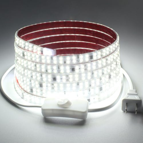 pcning 10M Tira LED de Doble Fila 220V Corte 10 CM, Blanco Frio 6000K IP65 Impermeable, 2835 Tiras LED Adhesivo Directa 220V Sin Transformador con Interruptor (Blanco Frio, 10M)