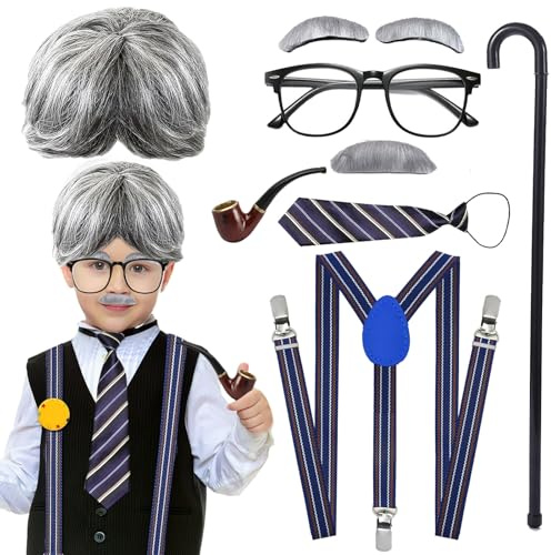 8 stycken morfar kostym set halloween kostym barn grå peruk mustasch ögonbryn glasögon promenadkäpp glasögon hängslen för barn man kostym tillbehör pensionärer för karneval kostym fest