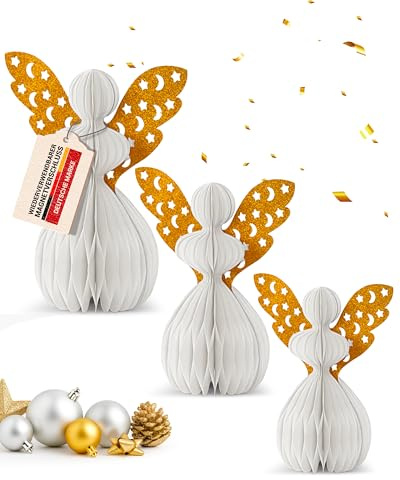 MJhomely® Papier Engel Set Weihnachten [3 Stück] – Faltbare Papierengel als Weihnachtsdeko innen – Waben Engel Figur – Weihnachtsschmuck Deko Engel Tischdeko – Angel Christmas Decorations