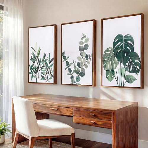 Framed Large Green Wall Art Set of 3, 16x24 Each, Botanical Plant Leaf Canvas Wall Art, Frames Included, Eucalyptus Monstera Olive Leaves, Calm Minimalist Neutral Wall Decor, Ready to Hang for Living Room Bedroom