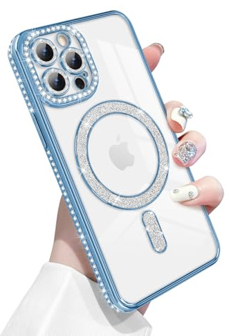 Newseego for iPhone 12 Pro Case Magnetic Glitter Clear, Blue | Compatible with MagSafe, Bling Diamonds, for Girls Women, Soft TPU, Slim Fit, Shockproof Cover, Full Camera Protection
