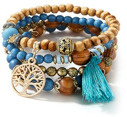 4-Pack Multi-Layer Boho Wooden Beaded Bracelets with Tassels, Elastic Stackable Festival Bracelets, Tree of Life Charm Bohemian Jewellery for Women (Peacock Blue)​