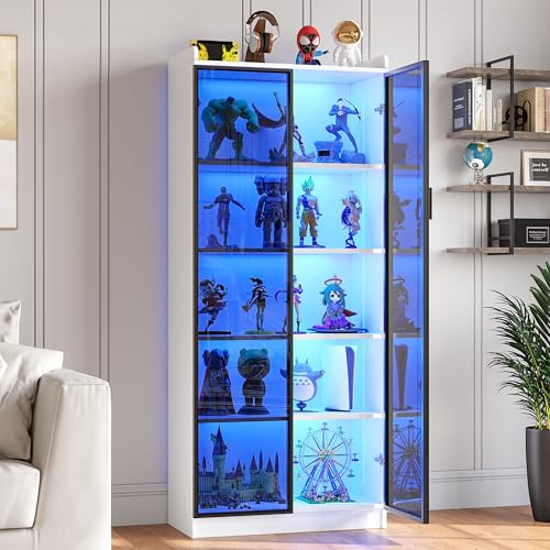 FREDEES LED Display Cabinet with 2 Acrylic Doors, 65'' Bookcase, White