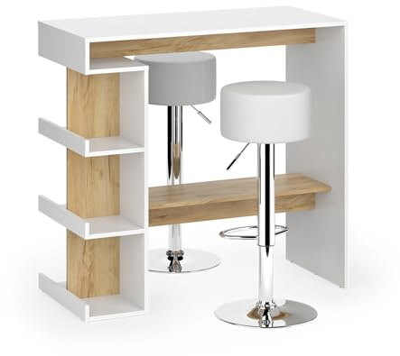 Vicco Tavolo bar alto Dana, Rovere bianco/dorato, 108 x 50 cm con 2 sgabelli da bar, con ripiani aperti per l'utilizzo come tavolo alto