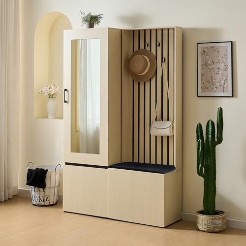 Ligterra Set di appendiabiti da parete, appendiabiti da corridoio, con specchio e panchina, set di mobili da corridoio con asta appendiabiti estraibile, guardaroba con scarpiera, 4 ganci e panca