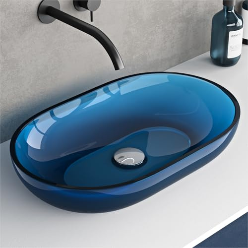 doporro Lavabo da Appoggio Ovale Profondo 54x34x10,5 cm, Lavamani per Bagno | Lavandino per Bagno in Resina Trasparente, Colore Blu, Vasca Profonda, Installazione da Tavolo, Montaggio su Piano