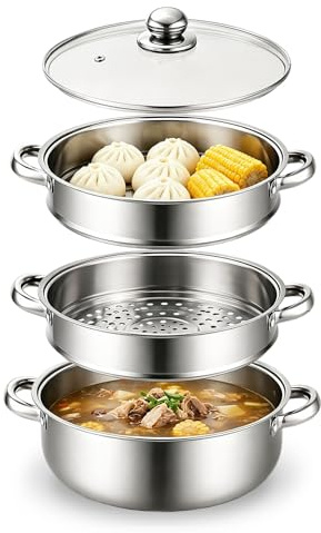 BOYIFEIJIE 28 cm Dampftopf-Topf mit Dampfgareinsatz, 3/4-Regalkocher mit Deckel, Edelstahltopf, Nudeltopf mit Sieb zum Kochen von Gemüse, Meeresfrüchten, Suppen, Eintöpfen und Nudeln (Drei)