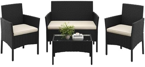 Yaheetech Set da Giardino in Rattan, 4 Posti, con divano a 2 posti, 2 sedie, tavolo e cuscini per seduta resistente alle intemperie, Salotto da Siardino Esterno, per Terrazza Balcone Patio