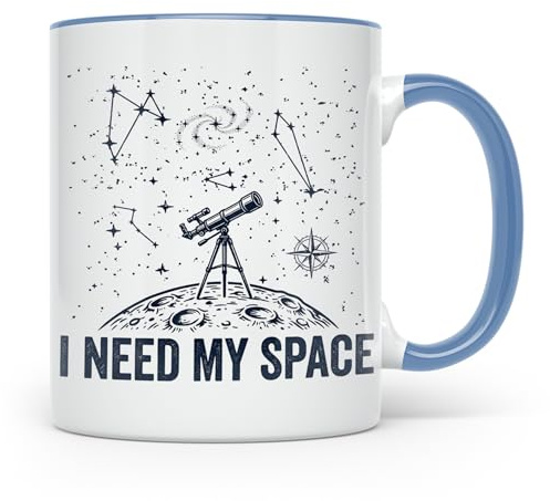 Astronomie Tasse I Need My Space, Teleskop Becher für Hobby-Astronomen, Sternbilder, Mond, Galaxie, Weltraum Geschenk, Astrophysik Kaffeebec (Blau)