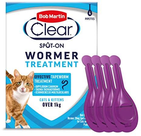 Bob Martin Clear Spot On Wormer for Cats & Kittens - 100% Effective Tapeworm Treatment (4 Pipettes)