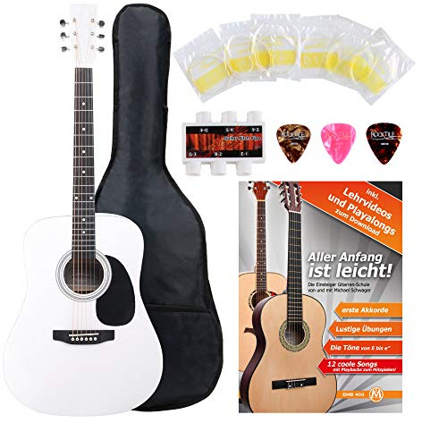 Classic Cantabile WS-10WH Westerngitarre Starter-Set (Dreadnought-Style, 6 Saiten, 20 Bünde, inkl. Zubehörset, Gitarrentasche, Notenheft, Saiten, Plektren) weiß
