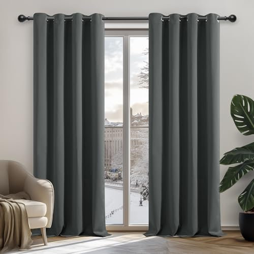Deconovo Vorhänge Blickdicht Gardinen mit Ösen für Schlafzimmer Thermogardinen Vorhang Blackout Curtains, 245x140 cm(HöhexBreite), Dunkelgrau, 2er Set