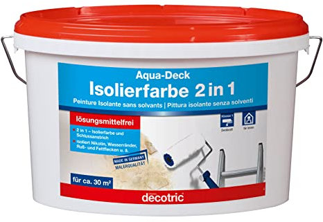 Decotric 014203001 Aqua Deck Wandfarbe Isolierfarbe 2in1 Farbe gegen Nikotin, Ruß, Fett-Flecken, Wasserränder, weiß, 5 l (1er Pack)