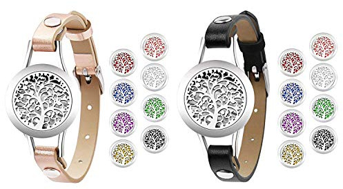 JewelryWe Schmuck Ätherisches Öl Armband Edelstahl Baum des Lebens Locket Medaillon Aromatherapie Aroma Öle Parfum Diffusor Echtleder Leder Armreif mit 8 Pads