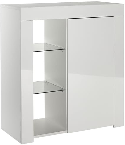 MMT Small Sideboard with Gloss Doors & LED Lights – Modern Kitchen or Living Room Cabinet with Shelves – Compact Glossy Storage Unit, 75 cm Wide | Room Cabinet with Shelves Compact Glossy Storage Unit, 75cm Wide, Removable Shelf, 1 Door, Small