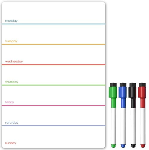 TMS A5 Magnetic Weekly Planner and Dry Wipe Pens, Small Whiteboard for Fridge, Dry Erase Memo Board, Meal Planner, to Do List, or Calendar for Notes and Reminders (Multi-Coloured, A5 + 4 Pens)