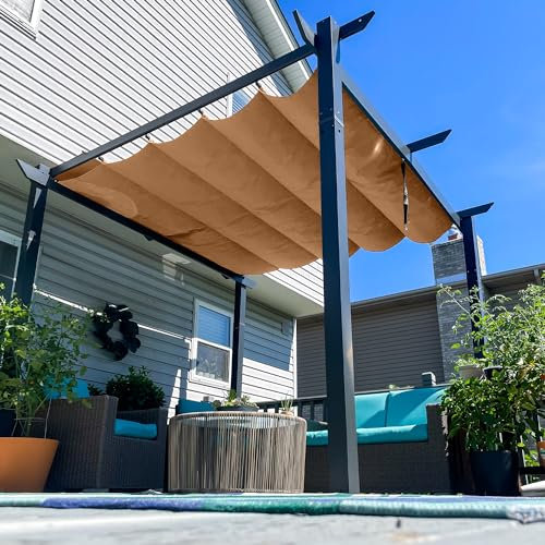 PURPLE LEAF Pergola 3×3 m Aluminium Garten Pavillon Wasserdicht Sonnendach mit Schiebedach, Terrassenüberdachung Mit Markisenschutz für Garten Terrasse, UV Beschattung, Beige