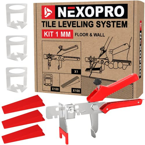 NEXOPRO™ – Kit de Nivelación de Azulejos - 100 Clips 1 mm + 100 Cuñas + Pinza Ajustable - Sistema de Autonivelación para poner Azulejos – Fácil de Usar – Resultado Profesional – Suelo y Pared