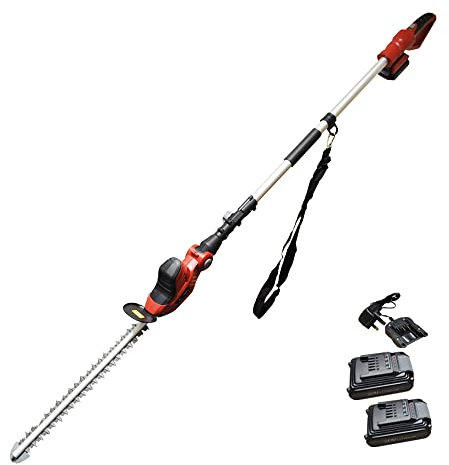 Long Reach Cordless Hedge Trimmer RocwooD Telescopic Pole Cutter 2 x Battery And Charger Extendable Lightweight Adjustable Head 51cm Cutting Length Shoulder Strap