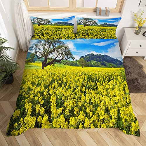 MLUNKQAIL Housse de Couette 140x200 Colza, Parure de Lit Montagne, Sets de Housses de Couettes 3 Pièces Microfibre avec Fermeture Éclair et 2 Taies d'oreiller 65x65 cm
