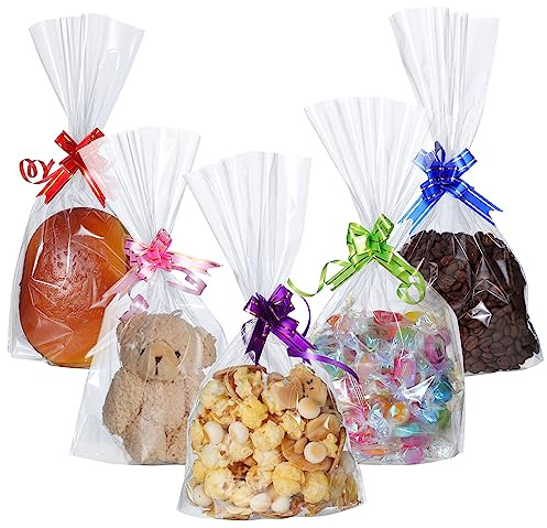 100 Cellophantüten, 15 x 25cm Transparente Cellophantüten mit 100 Schleife | Große Tüten mit Boden Zum Befüllen Verpackungstüten für Geschenktüten Weihnachten Schokolade Keks