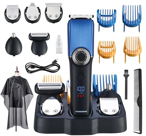 BarberBoss Wiederaufladbare Haarschneidemaschine für Männer - Bartschneider, Nasen- und Ohrhaartrimmer, 39 Schnittlängen, Keramikklinge, wasserdicht, LED-Anzeige, QR-6082