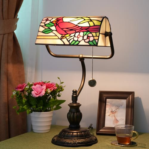 AIBOTY Kardinal-Vogel-Lampe, Tiffany-Stil, roter Vogel, rosa Blume, grüne Blätter, Banker-Lampe, Schlafzimmer, Nachttisch, Labor, Büro, Tischlampe mit Zugkettenschalter