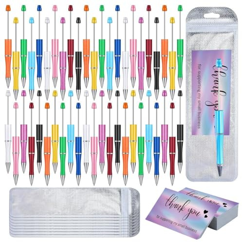 Veciado 150 Pieces Beadable Pens Kit,Colors Plastic Beaded Ballpoint Pens Bulk Foil Thank You Cards for School