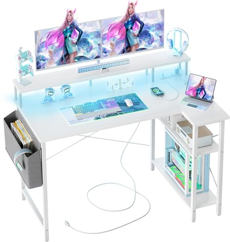 BEXEVUE 120cm White L Shaped Gaming Desk with Power Outlets, Reversible Corner Desk with Shelves & Monitor Stand, Computer Table with Storage Bag for Home Office, White