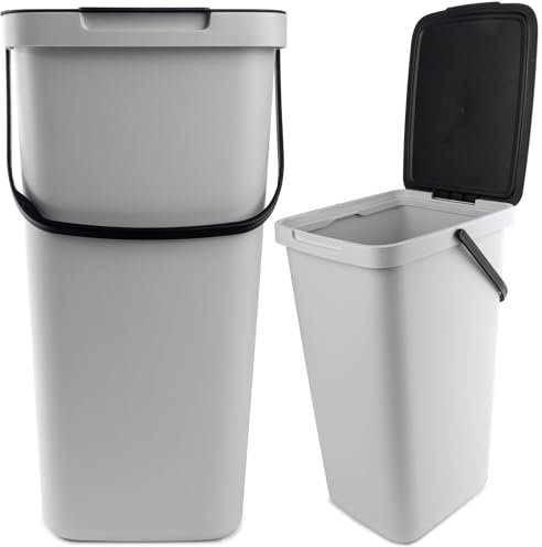 KADAX Abfallbehälter mit Deckel und Griff, Abfalleimer aus Plastik, Mülleimer für die Mülltrennung, Rechteckiger Abfallsammler mit Klappdeckel (Grau, 25L)