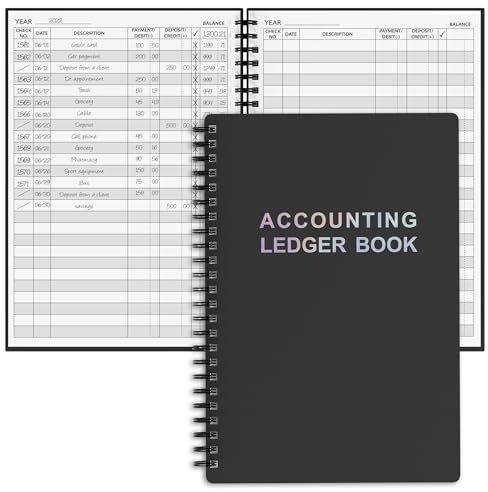 Accounting Ledger Book - A5 Check Register for Small Businesses & Personal Use, Account Book for Tracking Money, Expenses, Deposits & Balance, 5.8 x 8.6 (Black)